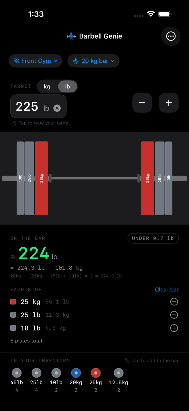 Barbell Genie showing a 20 kg bar in dark mode, a 20 kg bar loaded to 224.3 lb using 25 kg, 25 lb and 10 lb plates on each side